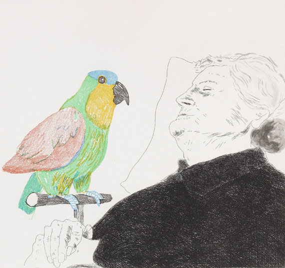 David Hockney - Félicité sleeping with parrot: illustration for "A simple heart" of Gustav Flaubert - 