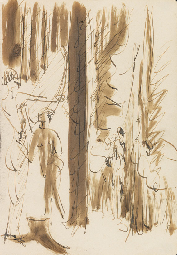 Ernst Ludwig Kirchner - Drei bogenschießende weibliche Akte im Wald