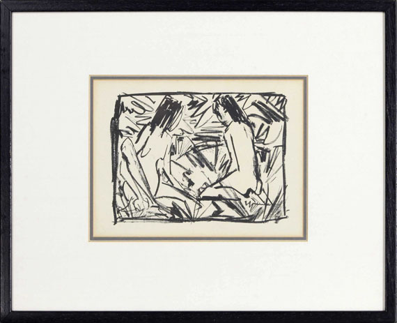 Otto Mueller - Ein sitzendes und ein kniendes Mädchen unter Blättern - Frame image