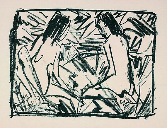 Otto Mueller - Ein kniendes und ein sitzendes Mädchen unter Blättern