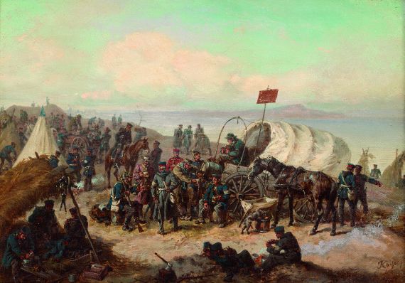 Friedrich Kaiser - Zwei Gemälde: Angriff preussischer Kavallerie bei Königgrätz. Preussische Infanterie im Heerlager