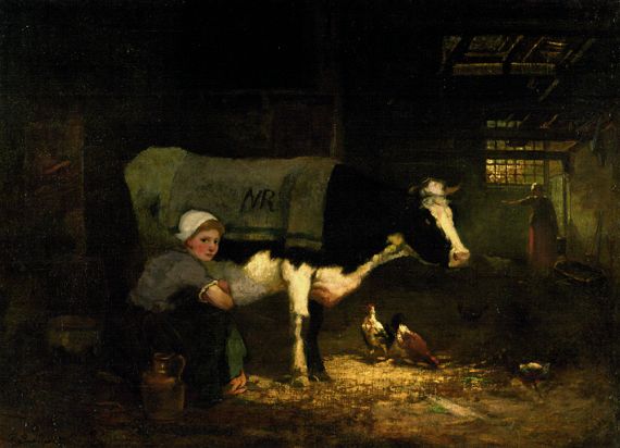 Richard Burnier - Stallinterieur mit melkendem Bauernmädchen