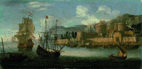  Niederländischer Meister - Im Stil des Pieter van den Velde - Holländische und andere Schiffe vor mittelmeerischer Küste
