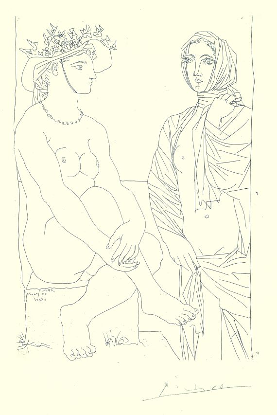 Pablo Picasso - Au Bain. Femme au chapeau à fleurs et femme drapée dans une serviette