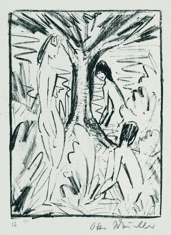 Otto Mueller - Stehendes, sitzendes und badendes Mädchen am Baum (Akte unter Bäumen)