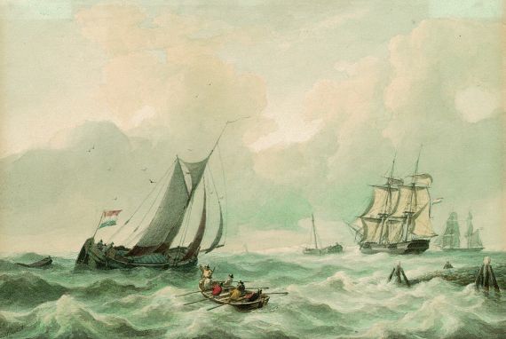 Petrus Johannes Schotel - Niederländische Brigg mit anderen Seglern und einem Ruderboot auf bewegter See vor Texel