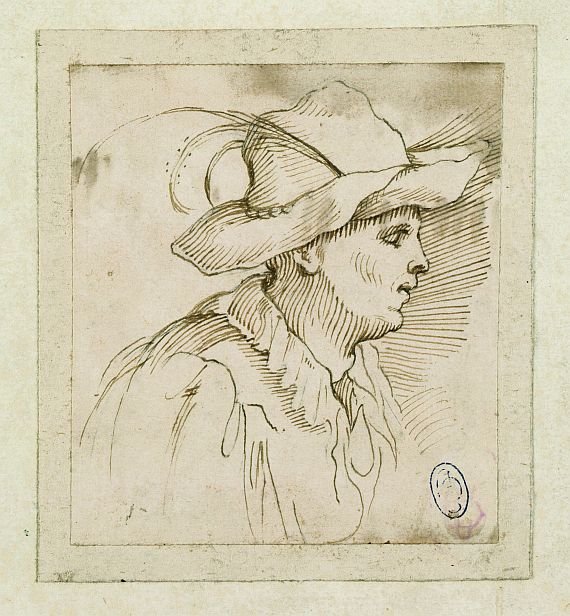  Italienisch - Brustbild in Profil nach rechts eines Mannes mit Hut
