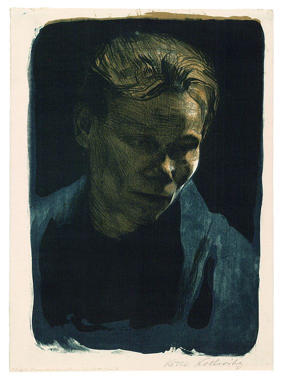 Käthe Kollwitz - Brustbild einer Arbeiterfrau mit blauem Tuch