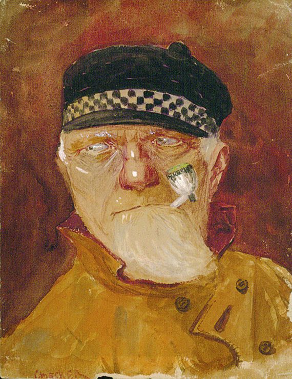 Carl Becker - 2 Bll.: Brustbildnis eines Fischers mit Pfeife. Porträt "Old Yachtman"