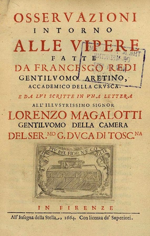 Francesco Redi - Osservazioni intorno alle vipere. 1664. EA.