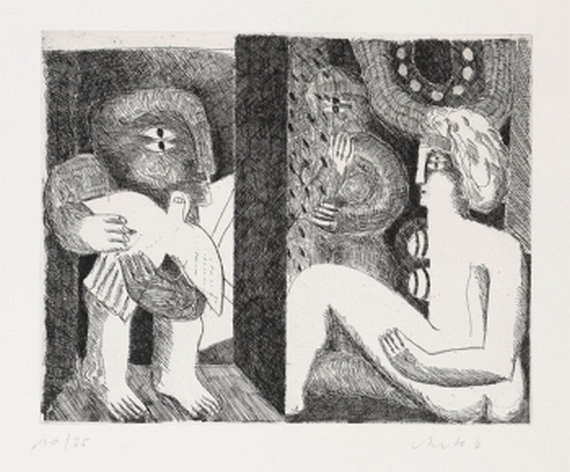 Horst Antes - 2 Bll.: Geteiltes Interieur mit 2 weiblichen Figuren und einer vogeltragenden männlichen Figur. Männliche Figur mit Vogel und Hase