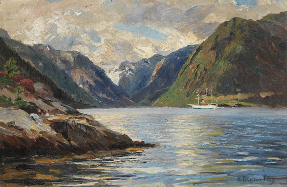 Heinrich Petersen-Flensburg - Norwegischer Fjord mit weißer Segel-Dampfyacht
