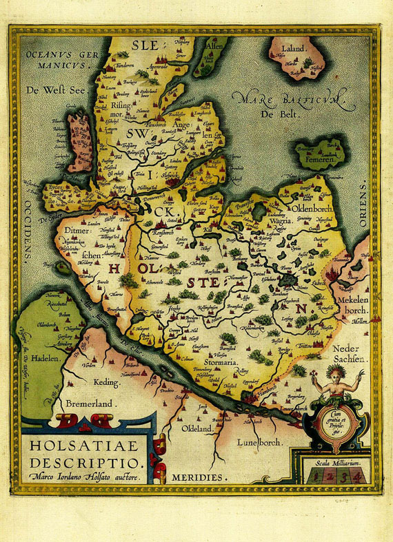  Schleswig-Holstein - 1 Bl. Holsatiae descriptio (Ortelius). 1606. Dabei: 9 Bll. kleinformat. Karten v. Dithmarschen, Glückstadt, Itzehoe. + 1Beigabe. Zus. 11 Bll.