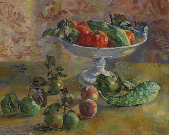 Conrad Felixmüller - Kleines Herbststilleben (Gurken, Birnen, Pfirsiche, Tomaten) mit Meißner Schale