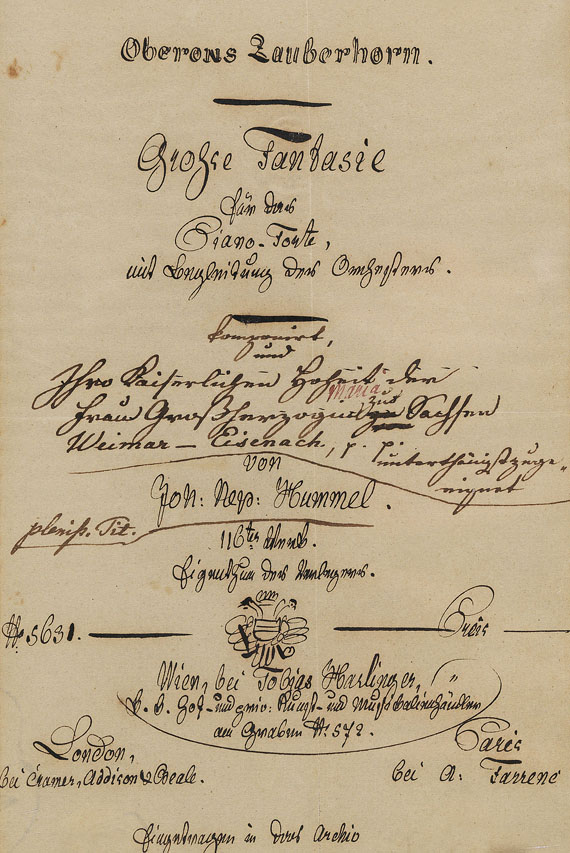 Johann Nepomuk Hummel - 4 hs. Titelblätter m. eigh. Vermerk. Um 1829