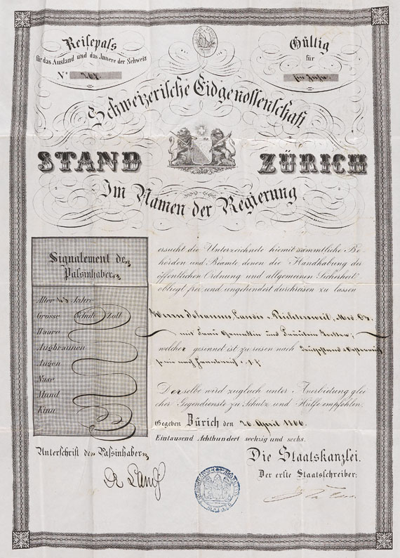 Gottfried Keller - Reisepass Stand Zürich. 1866.