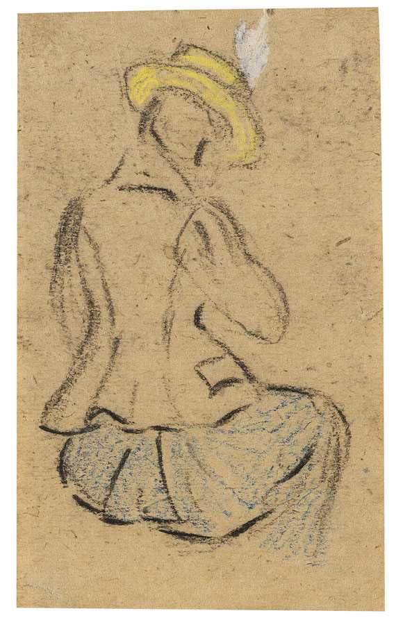 Heinrich Zille - Rückenansicht einer Sitzenden mit gelbem Strohhut