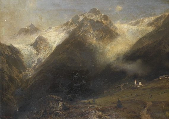 Otto Werner Henning von Kameke - Berglandschaft mit kleinem Ort und zwei Gletschern