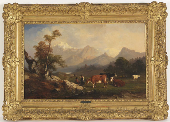Jules Coignet - Alpenländische Szene mit Viehhirten - Frame image