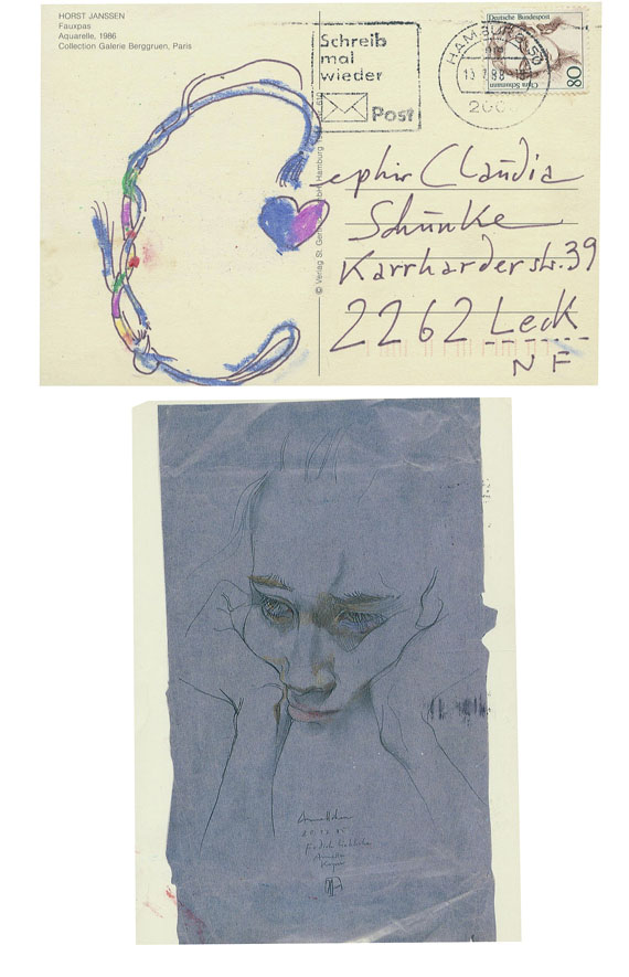 Horst Janssen - 4 eigh. Postkarten m. kl. blauroten Herzchen. 1987-88.