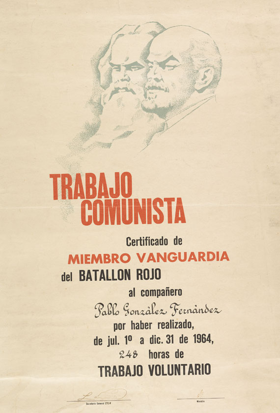  Che Guevara - Trabajo Comunista. Certificado de miembro vanguardia del batallon rojo. 1964