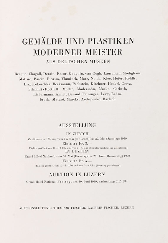   - Auktionskatalog, Gemälde und Plastiken moderner Meister aus deutschen Museen. 1939. - 