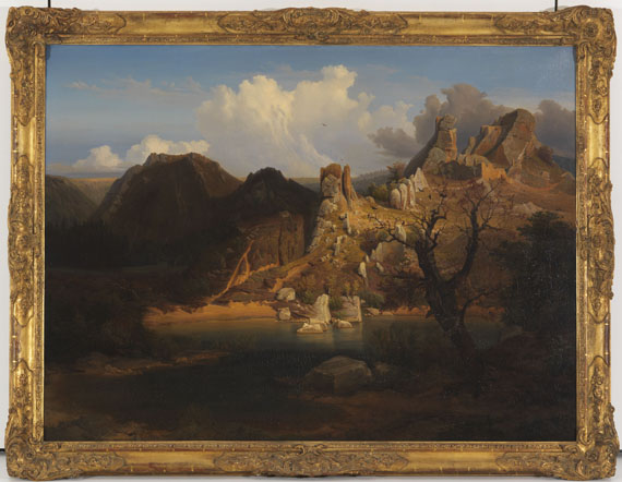 Carl Dahl - Landschaft mit schroffer Felsenpartie und Bergsee - Frame image