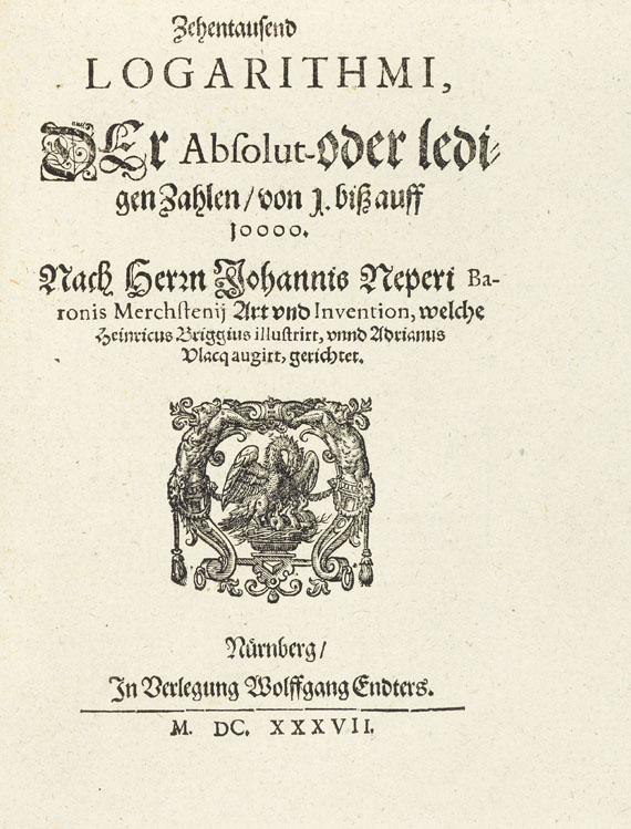 John Napier - Zehentausend Logarithmi. 1637. - Angeb.: Vlacq, Canon triangulorum - 
