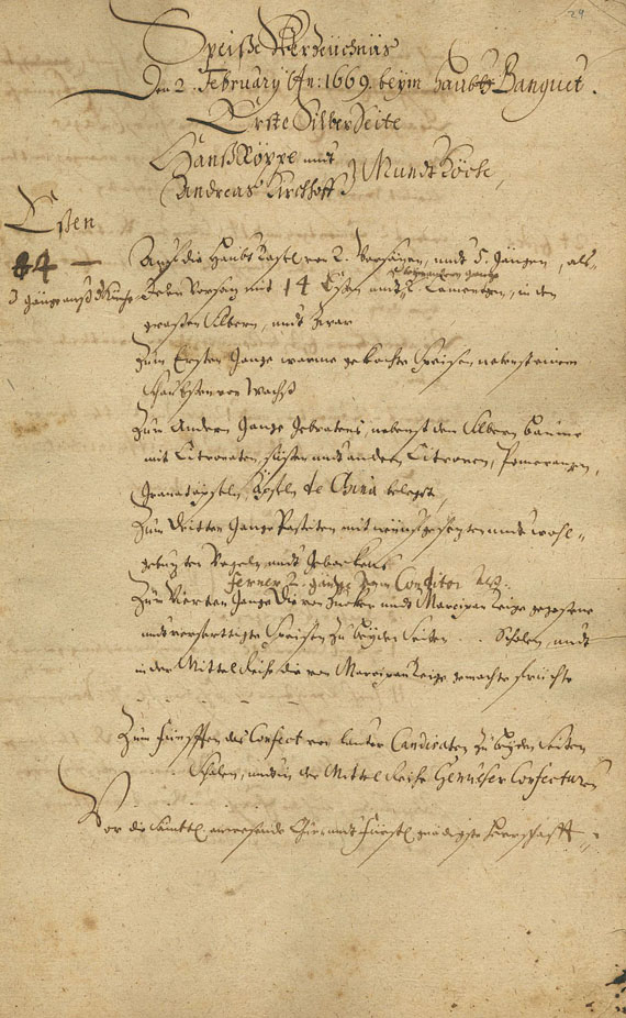 Kochbücher - Sachsen, Johann Georg von, Der Jägerey Banquett. Manuskript. 1669
