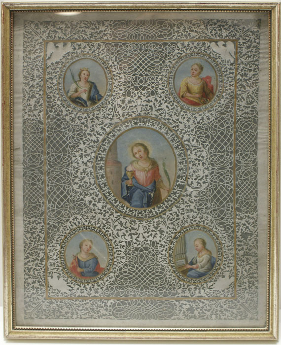 Ornament - Pergamentschnitt mit Heiligendarstellungen, 18. Jh.