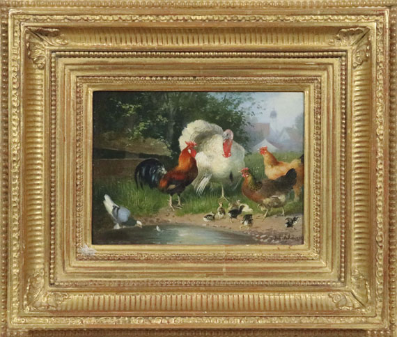Julius Scheuerer - Truthahn, Hahn, Hühner, Küken und Taube an der Tränke - Frame image