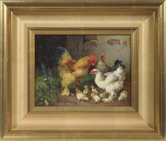Julius Scheuerer - Hahn, Hühner und Küken vor dem Stall auf der Wiese - Frame image