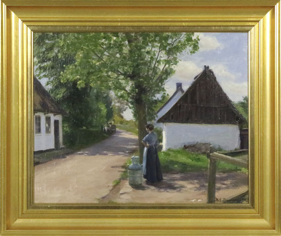 Hans Andersen Brendekilde - Dänische Dorfstraße mit Bäuerin und Milchmann - Frame image