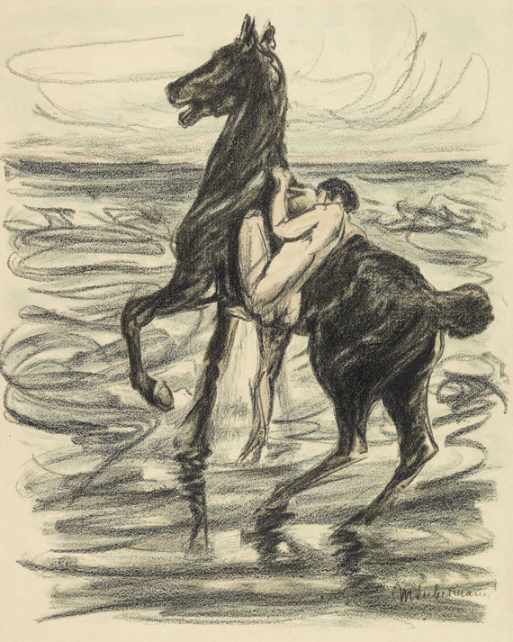 Max Liebermann - Nackter Reiter am Strande (aquarelliert). Dabei: Mappe mit 8 Bll. Zeichnungen/Grafik