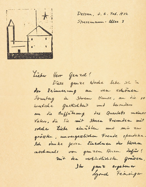 Lyonel Feininger - 1 Autograph (Brief mit Orig.-Holzschnitt) mit Umschlag, 2 eigh. Visitenkarten