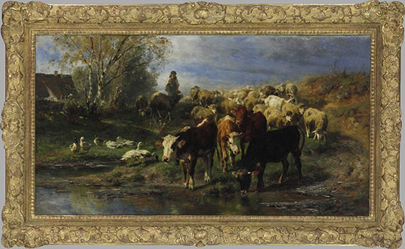 Anton Braith - Hirtenmädchen mit Rindern, Schafen und Gänsen - Frame image
