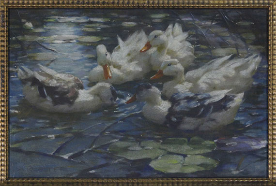Alexander Koester - Fünf bunte Enten in blauem Seerosenwasser - Frame image
