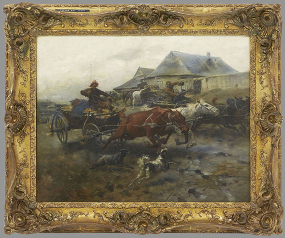 Josef von Brandt - Dahinjagende Fuhrwerke (Heimkehr vom Markt) - Frame image