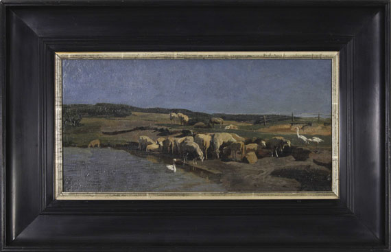 Johann Baptist Hofner - Oberbayerische Landschaft mit Schafen an der Tränke - Frame image