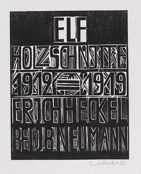 Heckel - Umschlag, Titelblatt und Inhaltsverzeichnis der Mappe "Elf Holzschnitte, 1912-1919, Erich Heckel bei J.B. Neumann"