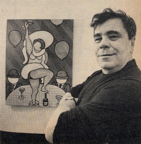 Illustration for: William N. Copley in front of his work “Happy New Year”, Alexander Iolas Gallery, New York, 1970, publ. in: Time Magazine, vol. 95, no. 28 (1970), p. 65.<br />© VG Bild-Kunst, Bonn 2025
