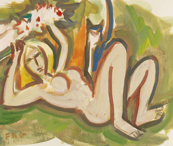 Friedrich Karl Gotsch - Liegender Akt mit Blumenstrauß und Katze - 