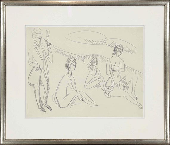 Ernst Ludwig Kirchner - Drei sitzende nackte Mädchen und Pfeife rauchender Maler am Strand - Frame image