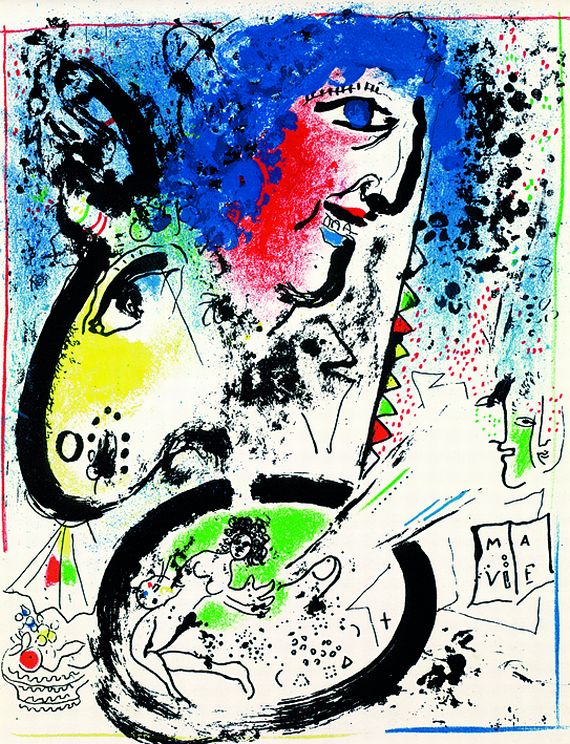 Marc Chagall - 3 Bll.: Eiffelturm in Grün. Stilleben in Braun. Chagall Lithograph I - Titelblatt: Selbstporträt