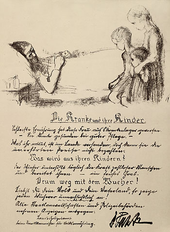 Käthe Kollwitz - Die Kranke und Ihre Kinder. In der Sprechstunde des Kinderarztes. Beim Arzt.- Drei Flugblätter gegen den Wucher