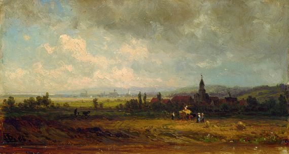 Dietrich Langko - Dorf in sommerlicher Landschaft mit heraufziehenden Regenwolken