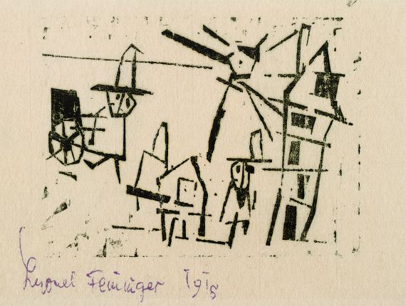 Lyonel Feininger - Mann, Häuser, Laterne und Schiebkarren