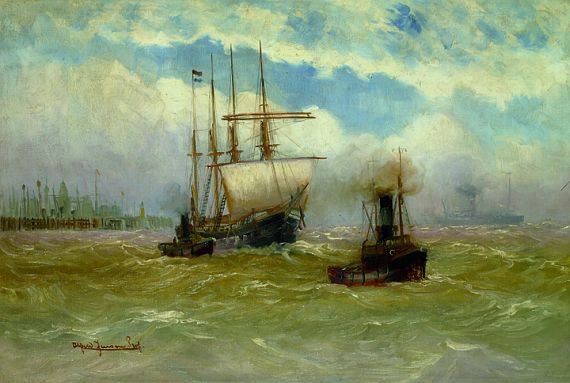 Alfred Serenius Jensen - Viermastbark mit Schlepper vor einer Hafenkulisse (Cuxhaven?)