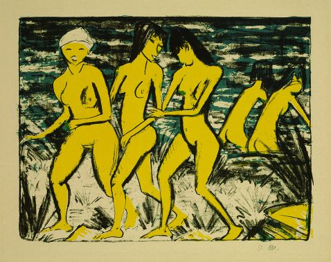 Otto Mueller - Fünf gelbe Akte am Wasser (Fünf Mädchen am Strand. Nordsee - Badende Mädchen)