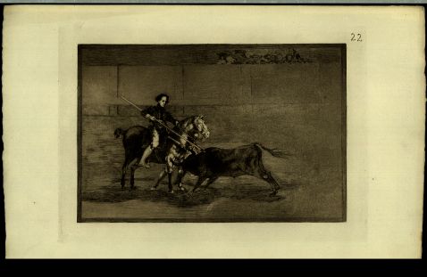 Francisco de Goya - 3 Bll.: Valor varonil de la célebre Pajuelera en la de Zaragoza. Banderillas de fuego. Dos grupos de picadores arrollados de seguida por un solo toro